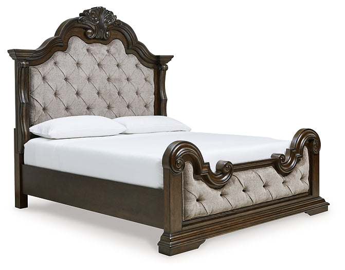 Maylee King Upholstered Bed with Mirrored Dresser and Nightstand