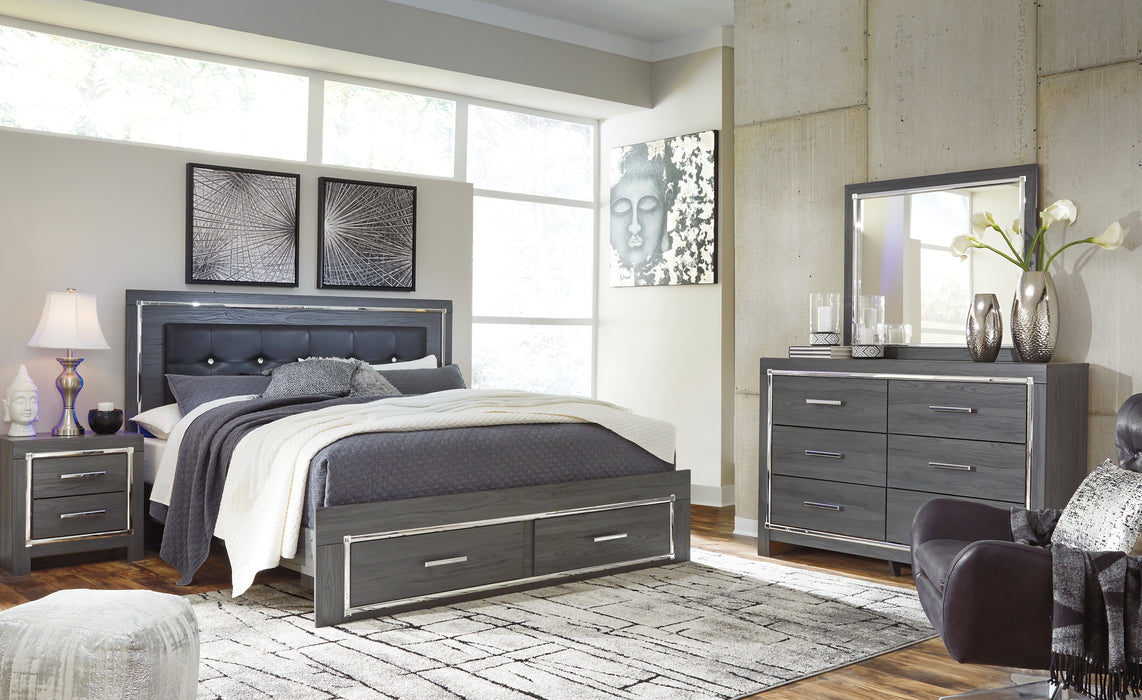 Lodanna King Panel Bed with 2 Storage Drawers with Mirrored Dresser and Chest