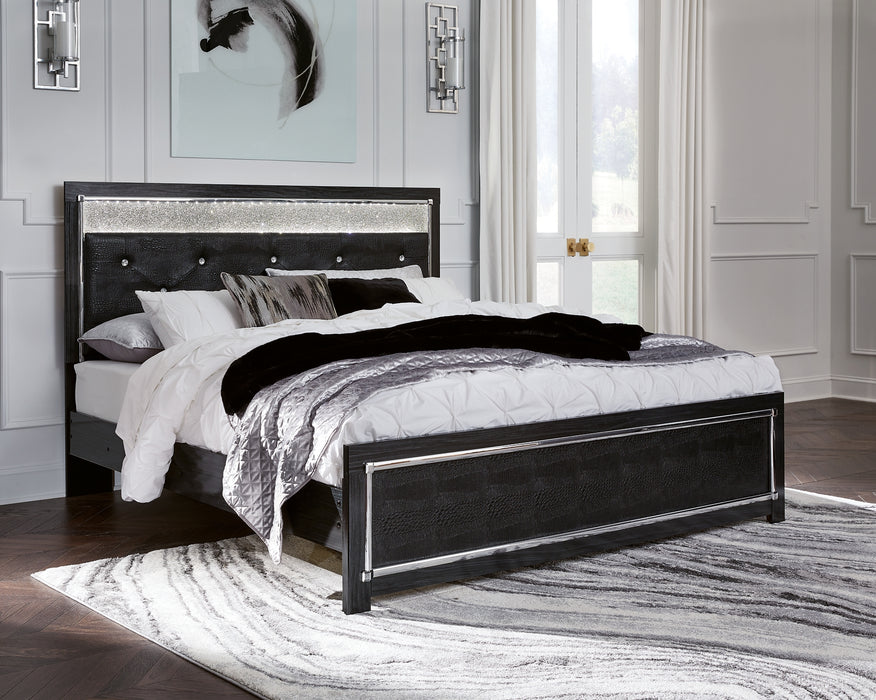 Kaydell King Upholstered Panel Bed with Mirrored Dresser, Chest and Nightstand