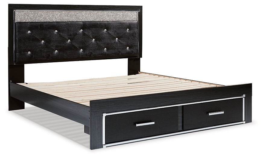 Kaydell King Upholstered Panel Storage Platform Bed with Mirrored Dresser and Chest